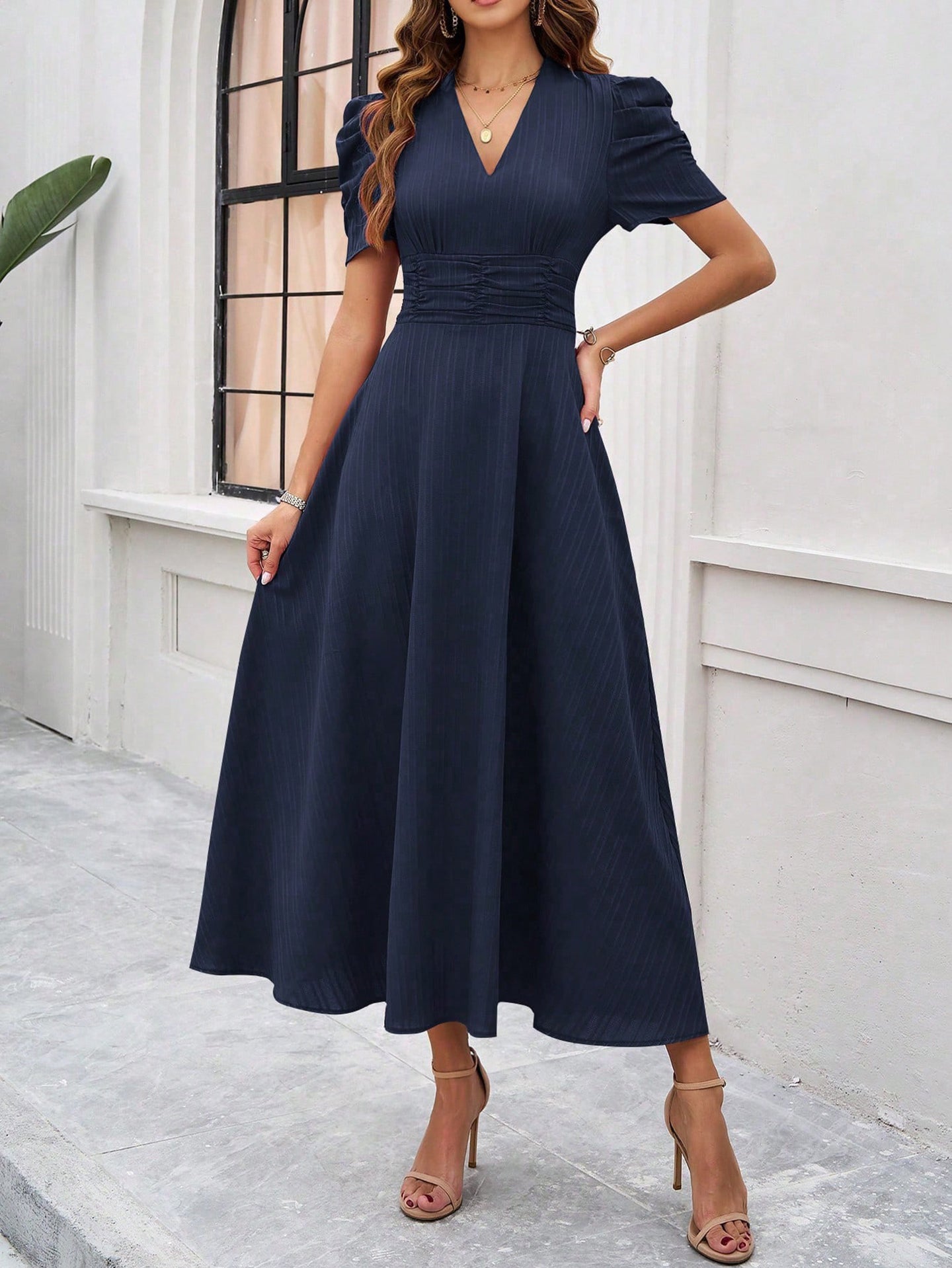 V-Neck Puff Sleeves Fit and Flare Midi Dress