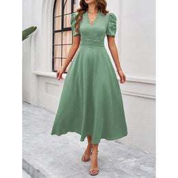 Women V-Neck Puff Sleeves Fit and Flare Dress