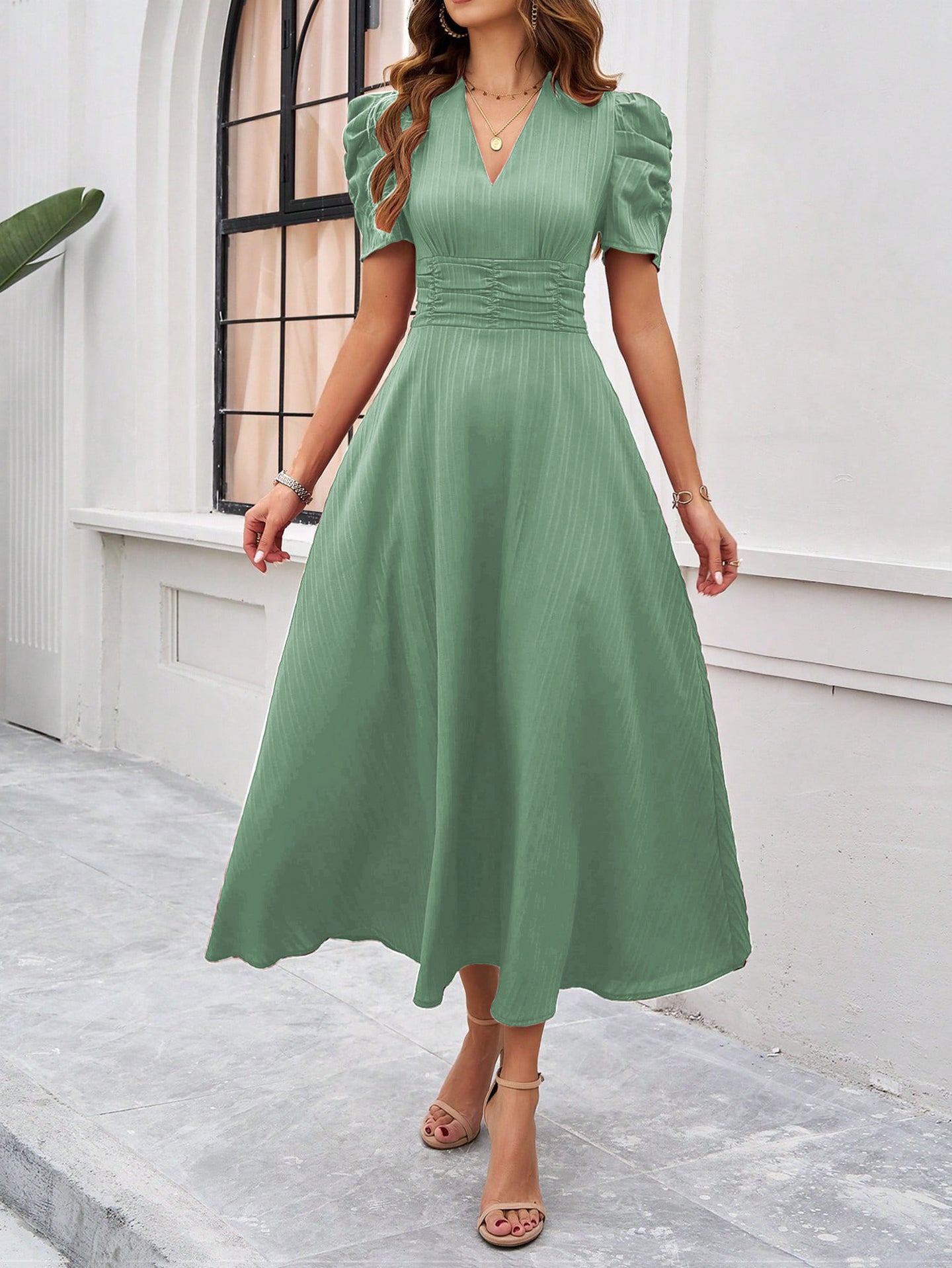 Women V-Neck Puff Sleeves Fit and Flare Dress