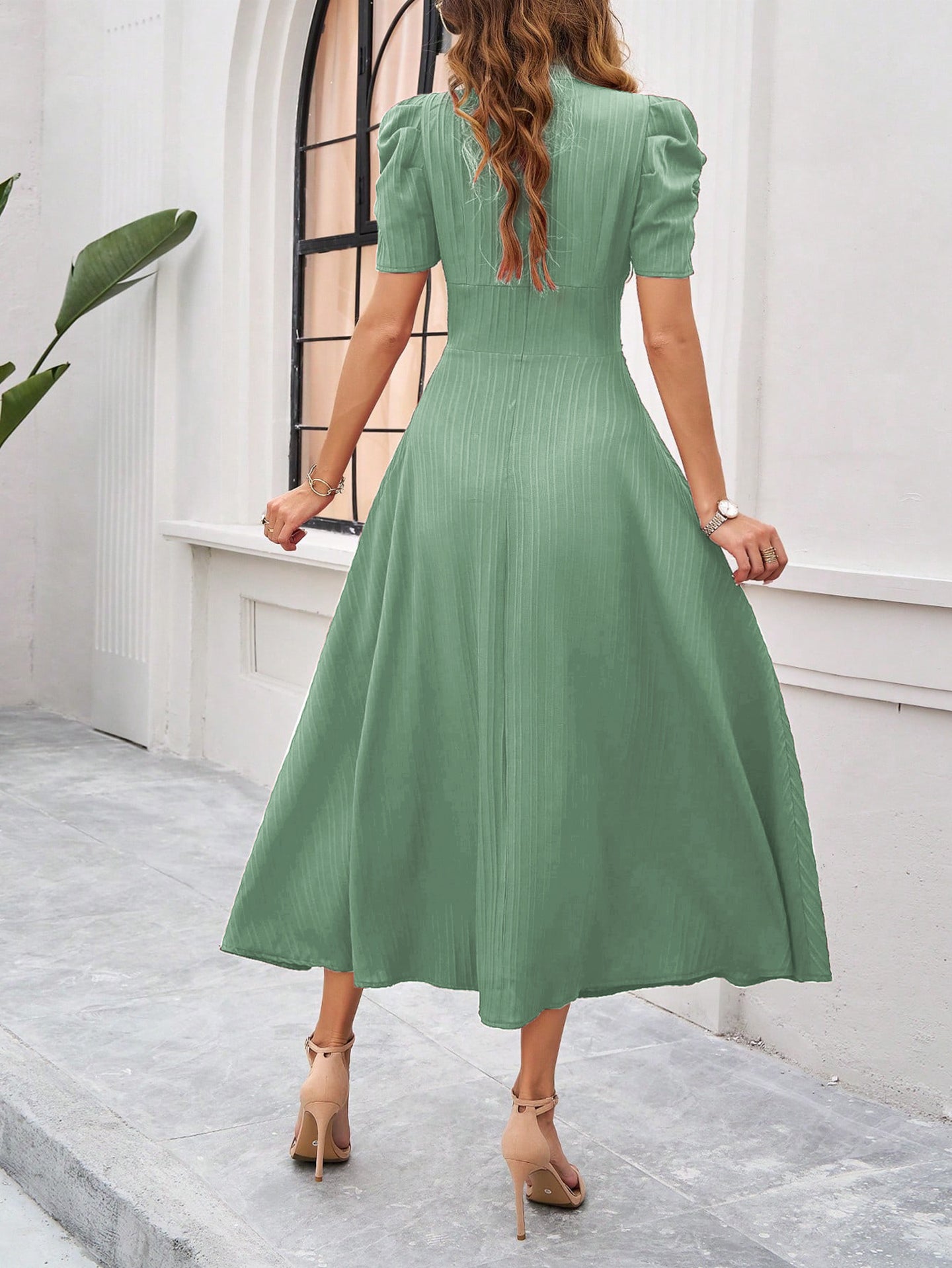 Women V-Neck Puff Sleeves Fit and Flare Dress