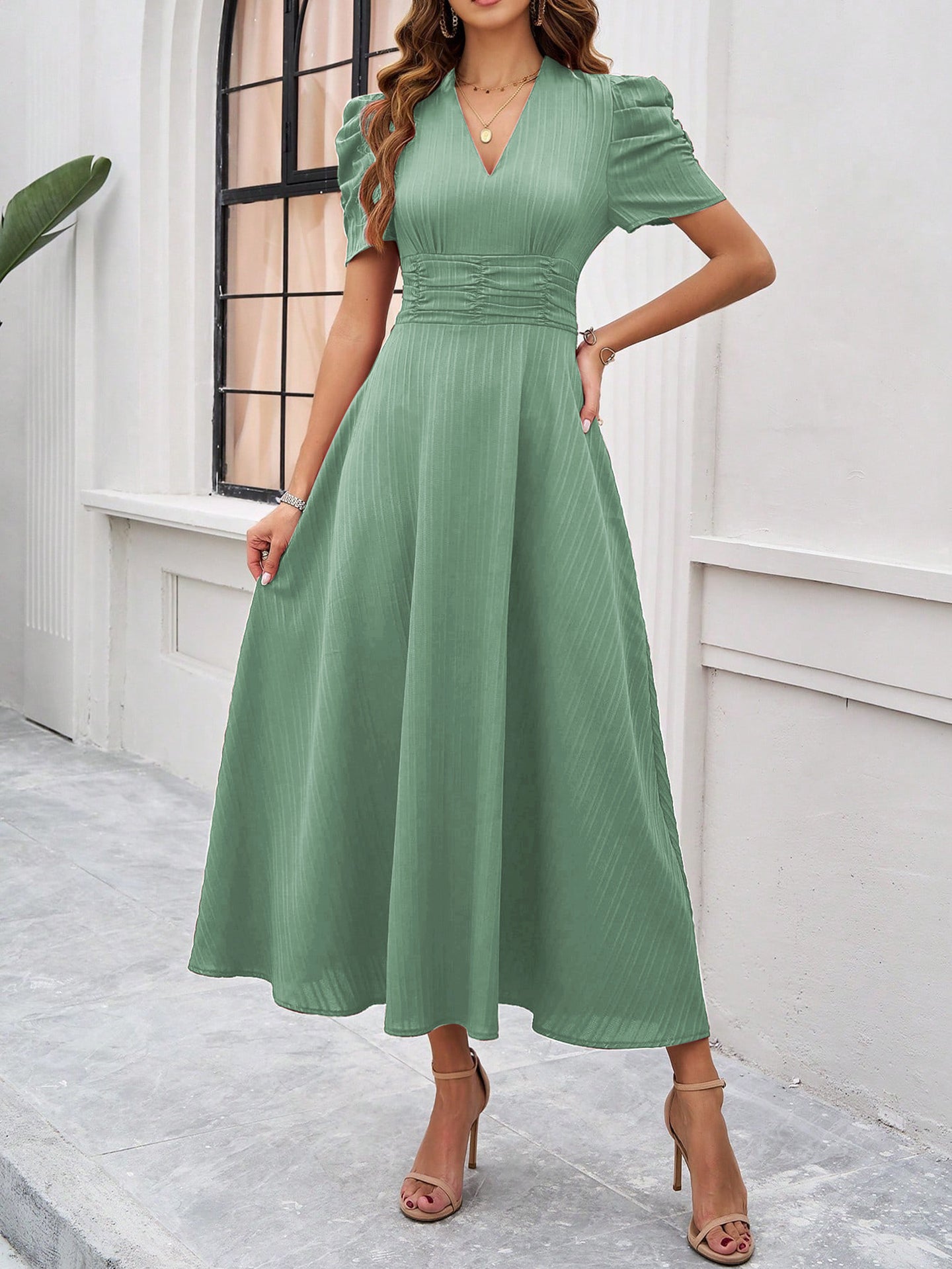 Women V-Neck Puff Sleeves Fit and Flare Dress