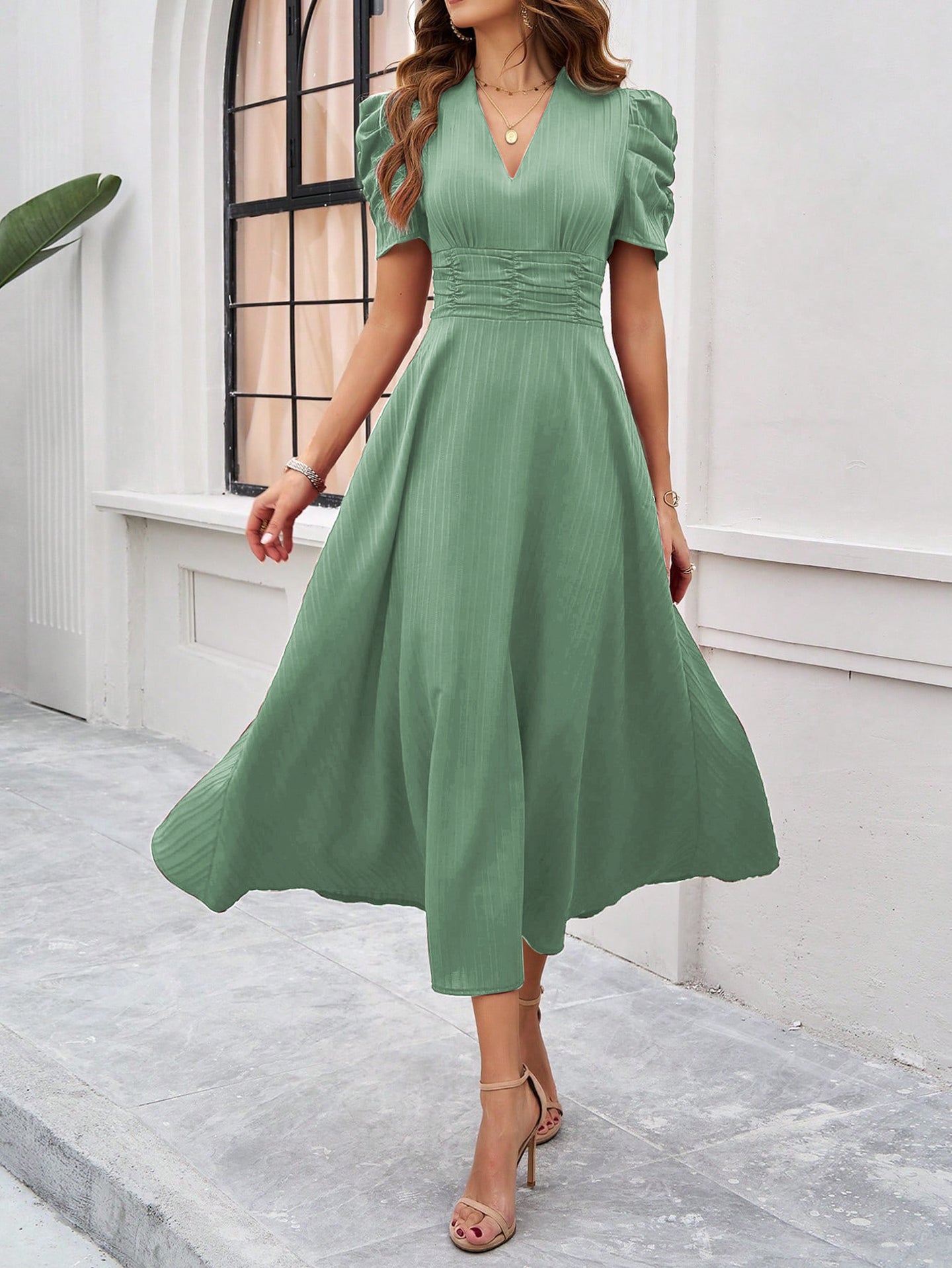 Women V-Neck Puff Sleeves Fit and Flare Dress