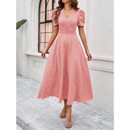 Women V-neck Puff Sleeves Fit & Flared Dress