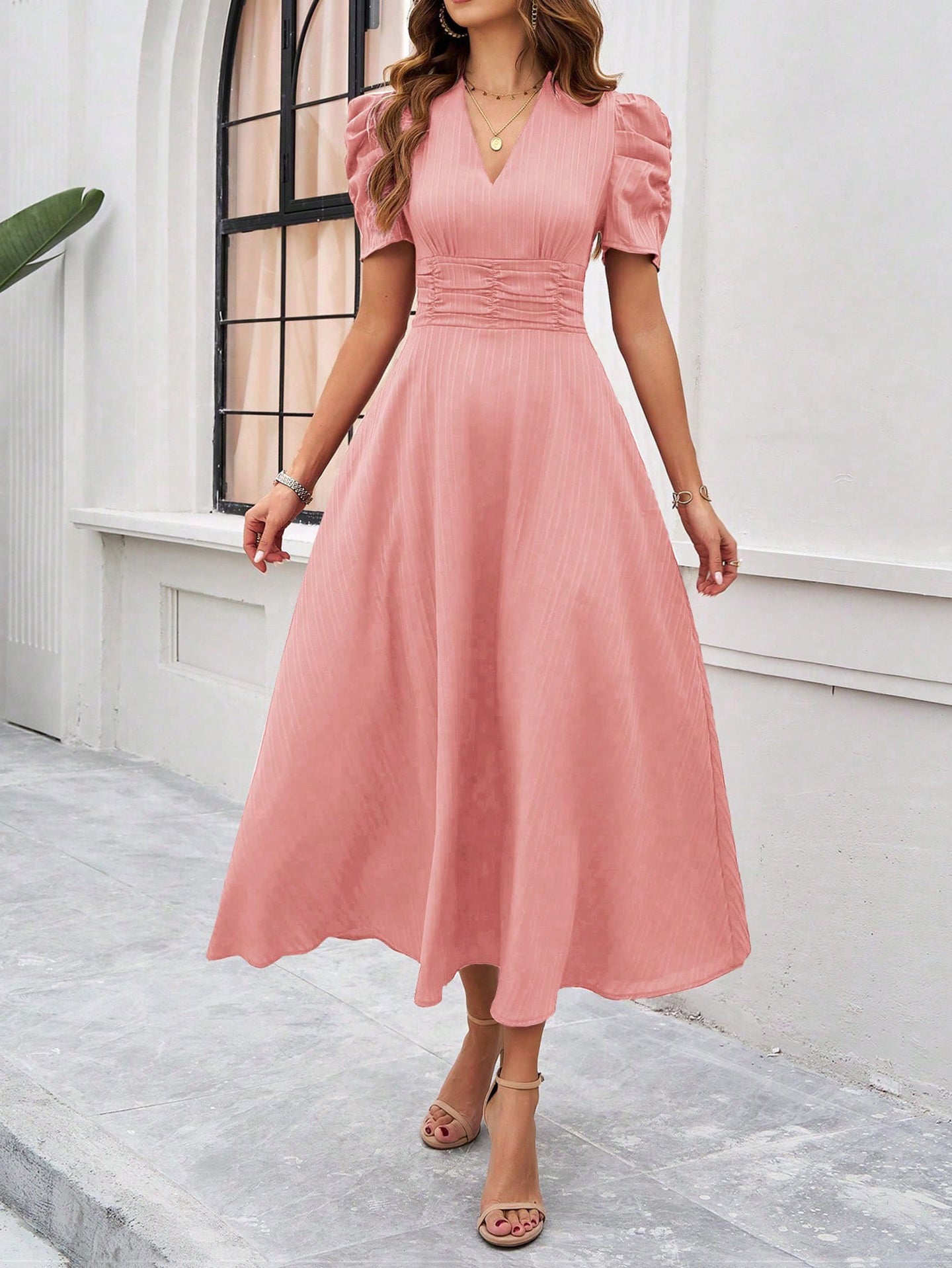 Women V-neck Puff Sleeves Fit & Flared Dress