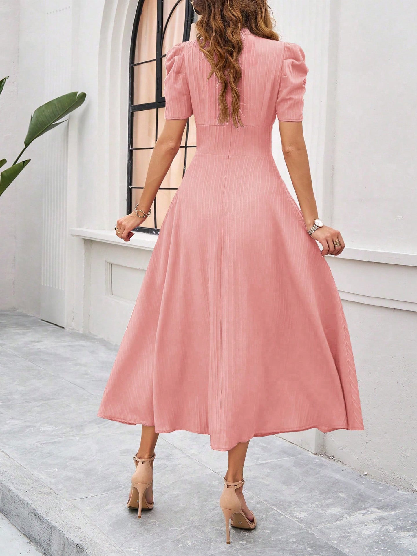 Women V-neck Puff Sleeves Fit & Flared Dress