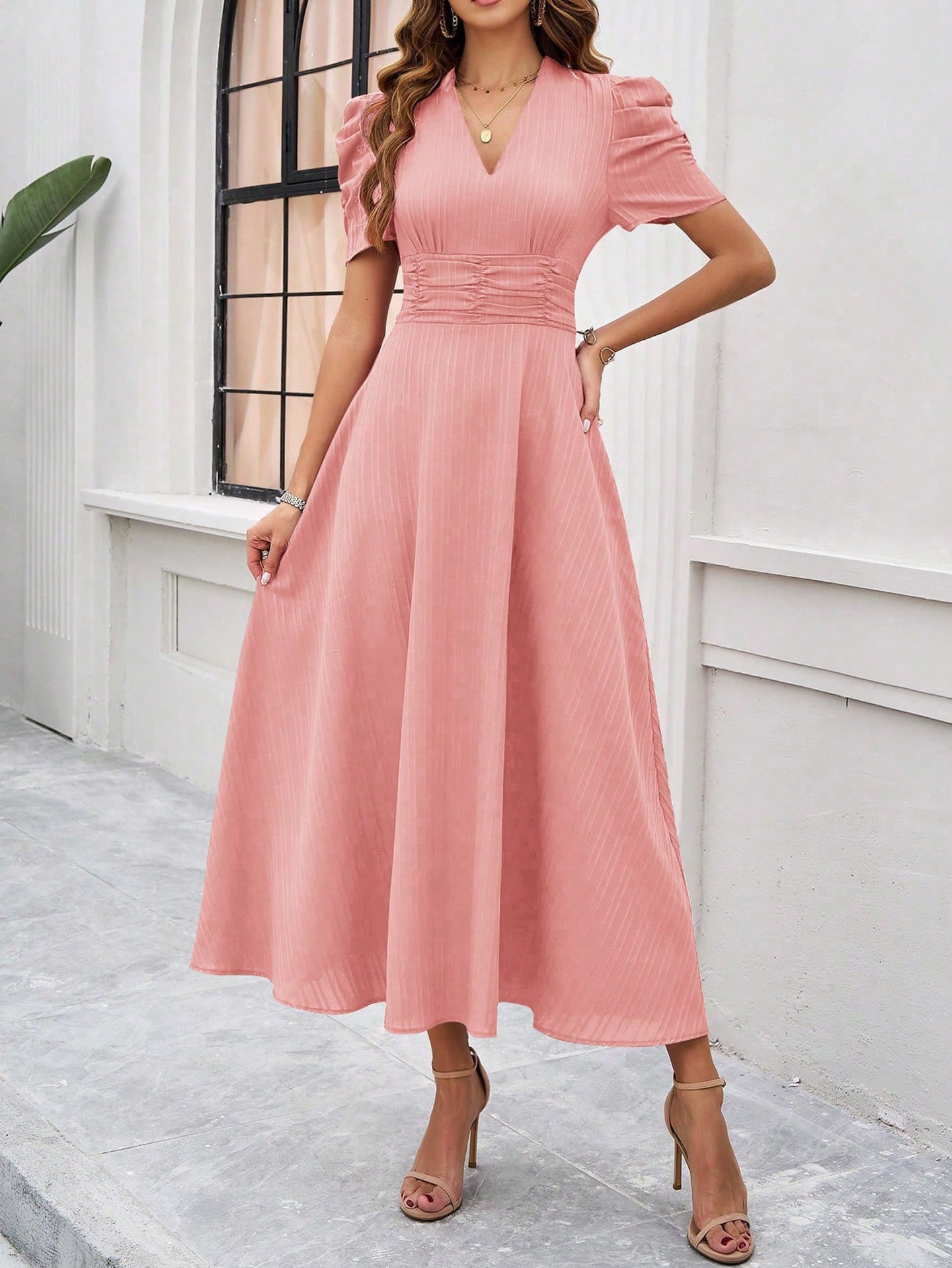 Women V-neck Puff Sleeves Fit & Flared Dress