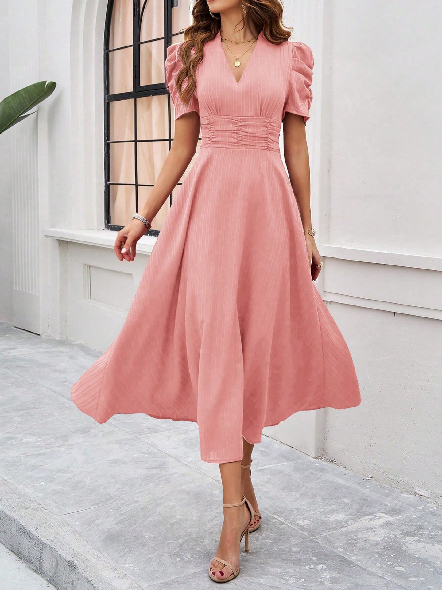 Women V-neck Puff Sleeves Fit & Flared Dress