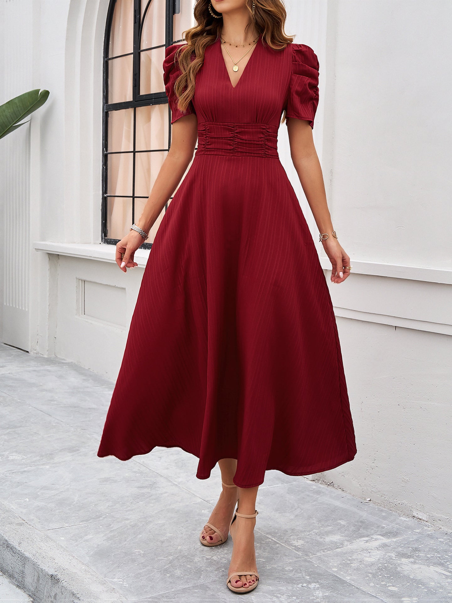 Women V-Neck A-Line Midi Dress