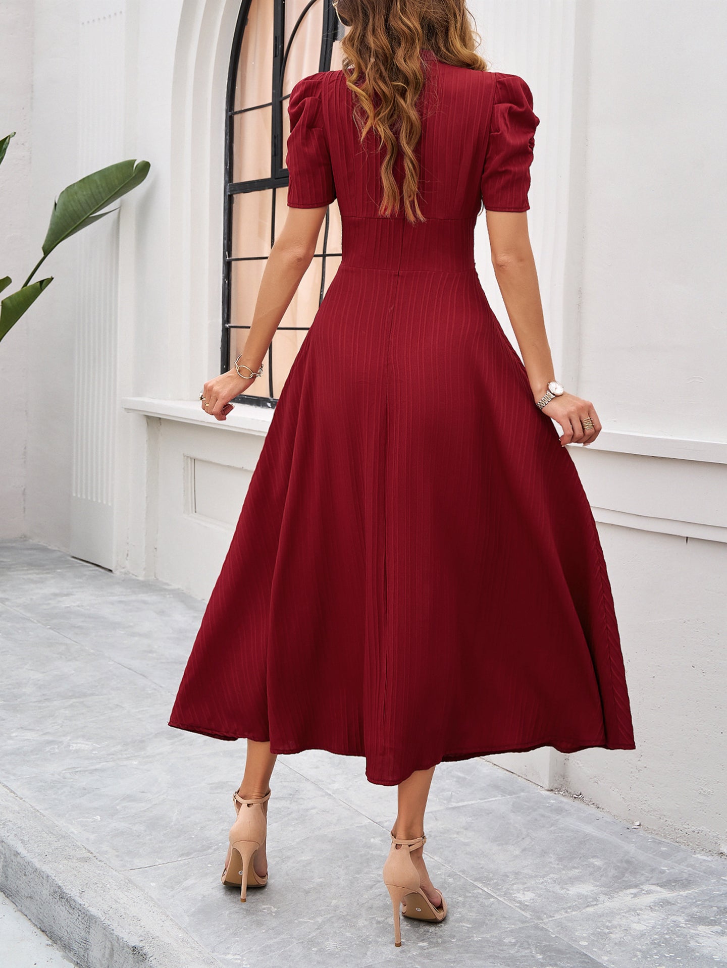 Women V-Neck A-Line Midi Dress