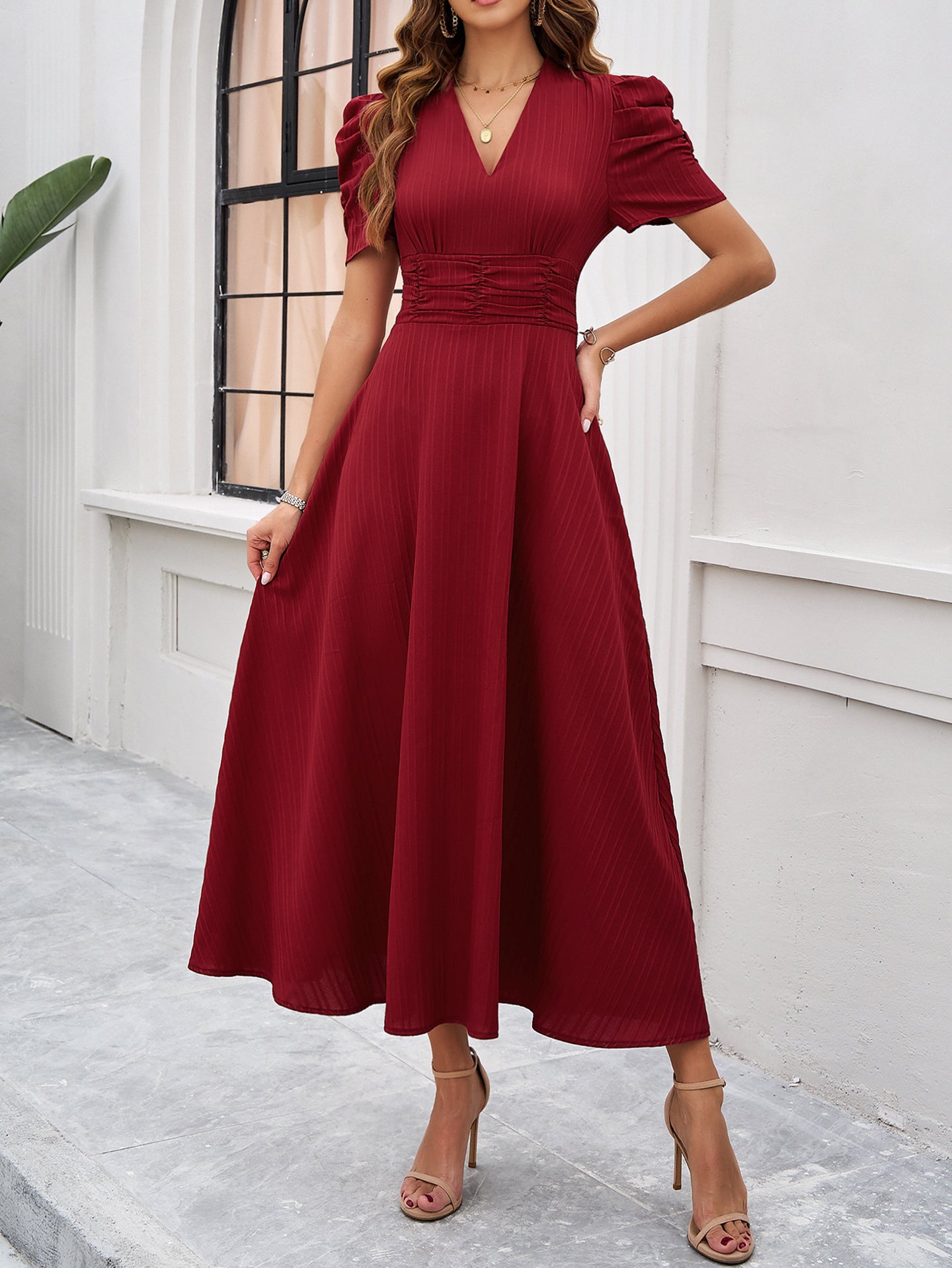 Women V-Neck A-Line Midi Dress