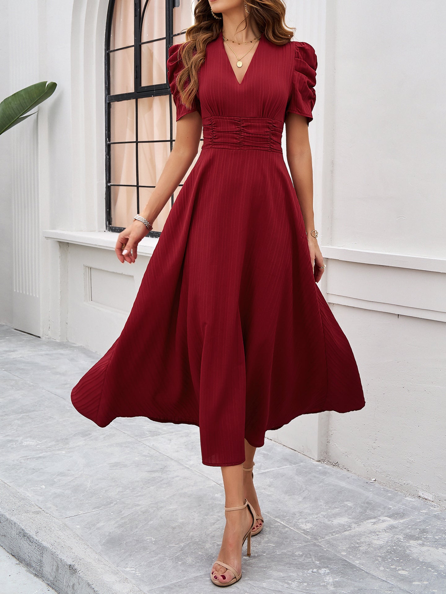 Women V-Neck A-Line Midi Dress