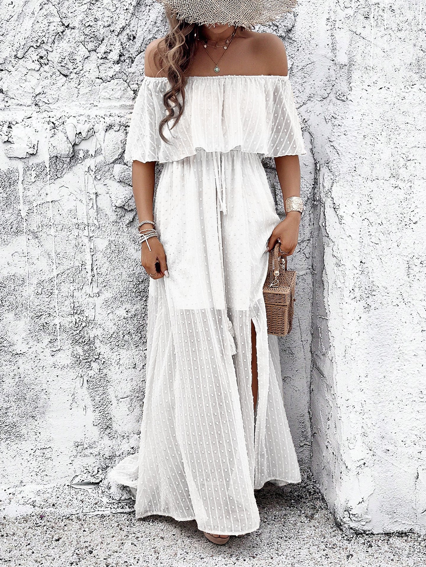 Women Off-Shoulder Side Slits A-Line Maxi Dress
