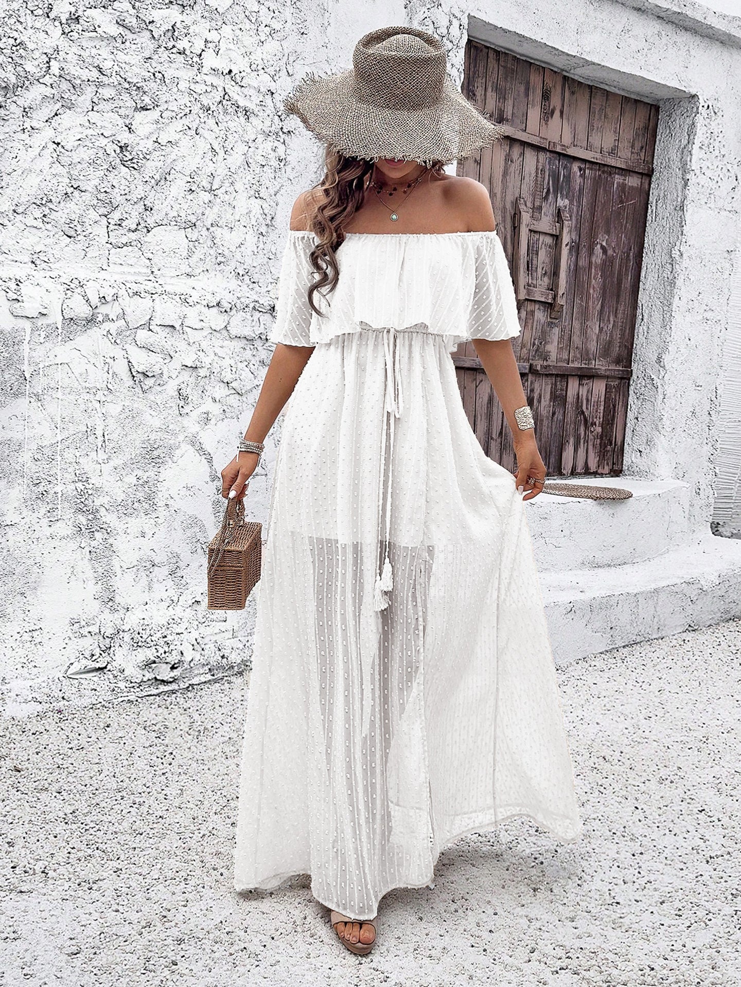 Women Off-Shoulder Side Slits A-Line Maxi Dress