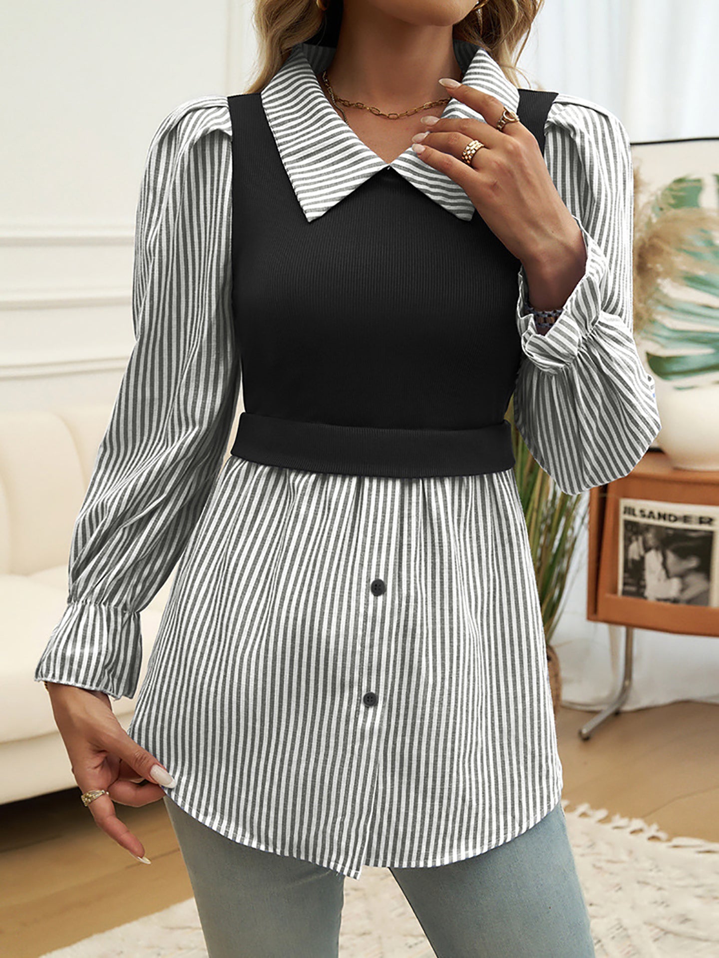 Women Spread Collar Vertical Striped Casual Shirt