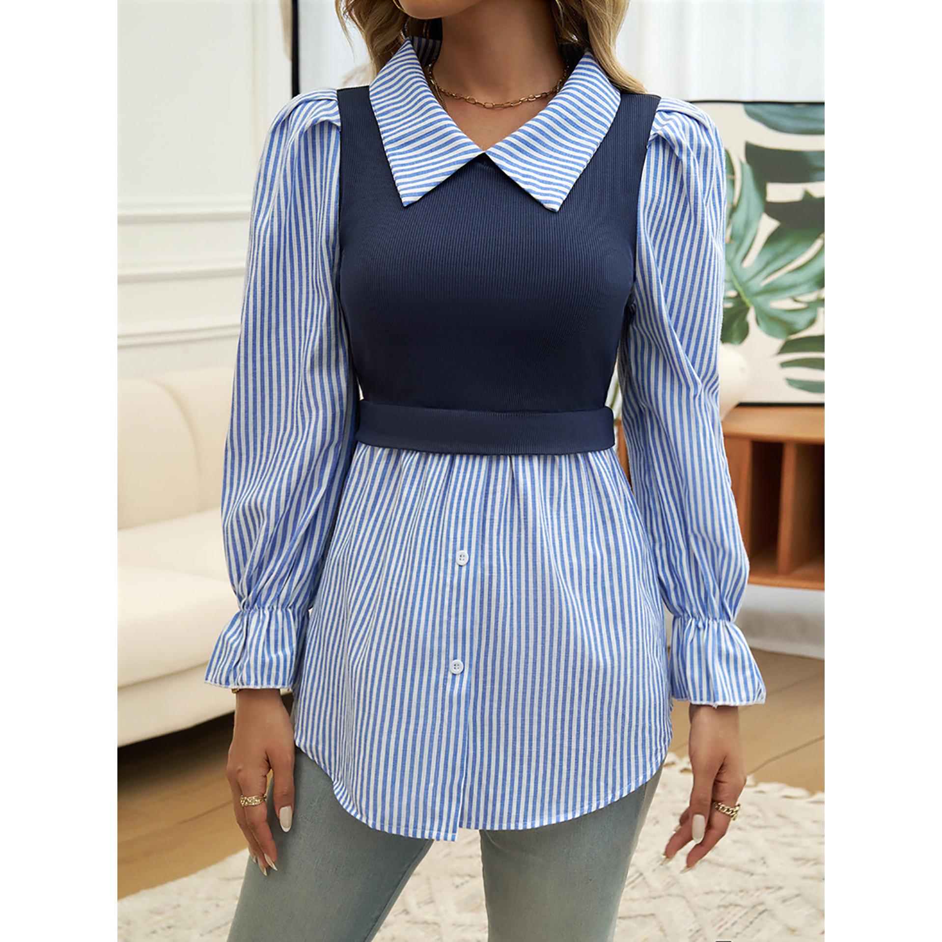 Women Cutaway Collar Vertical Striped Casual Shirt