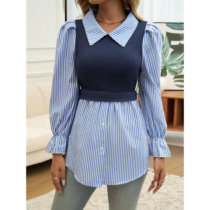 Women Cutaway Collar Vertical Striped Casual Shirt