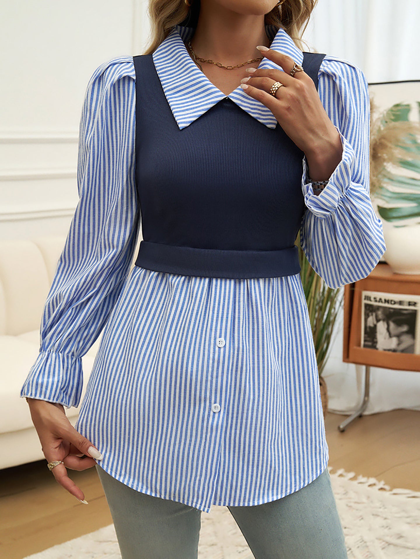 Women Cutaway Collar Vertical Striped Casual Shirt