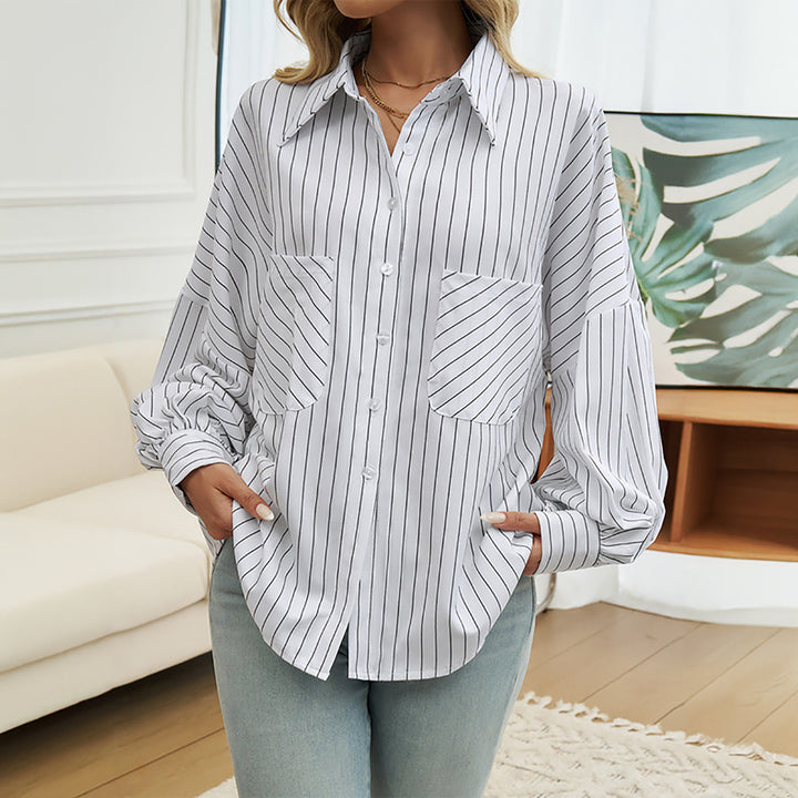 Women Cutaway Collar Vertical Striped Casual Shirt
