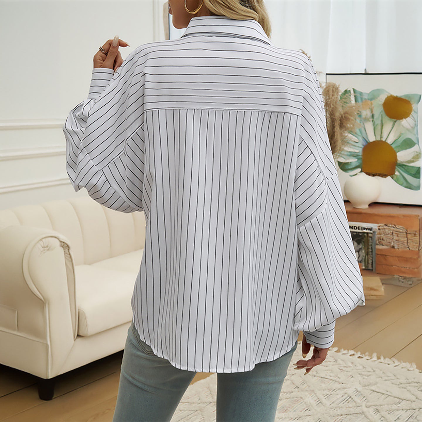 Women Cutaway Collar Vertical Striped Casual Shirt