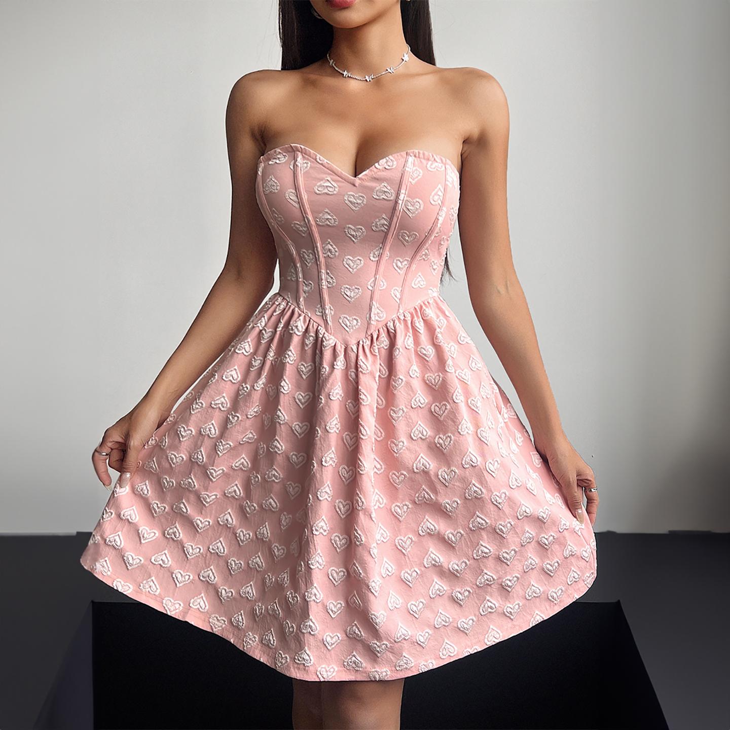 Pink Heart Print Strapless Dress