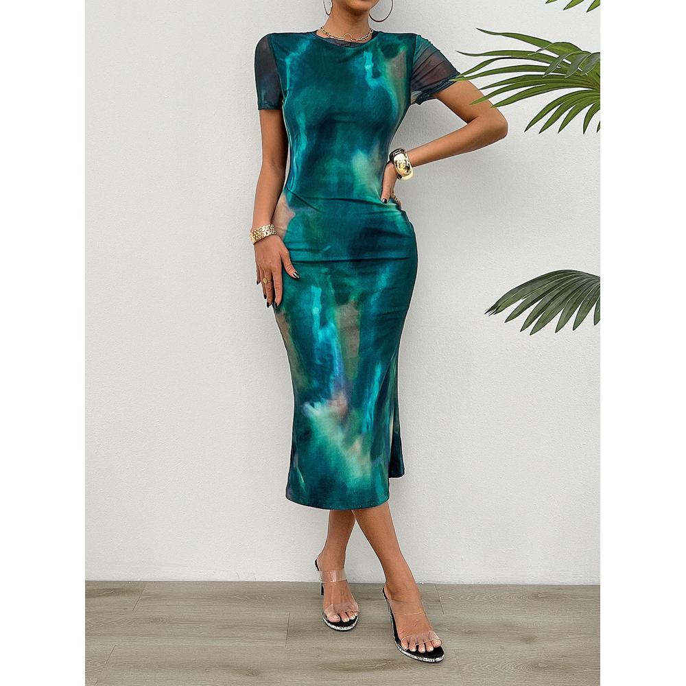 Green Abstract Print Bodycon Midi Dress with Short Sleeves