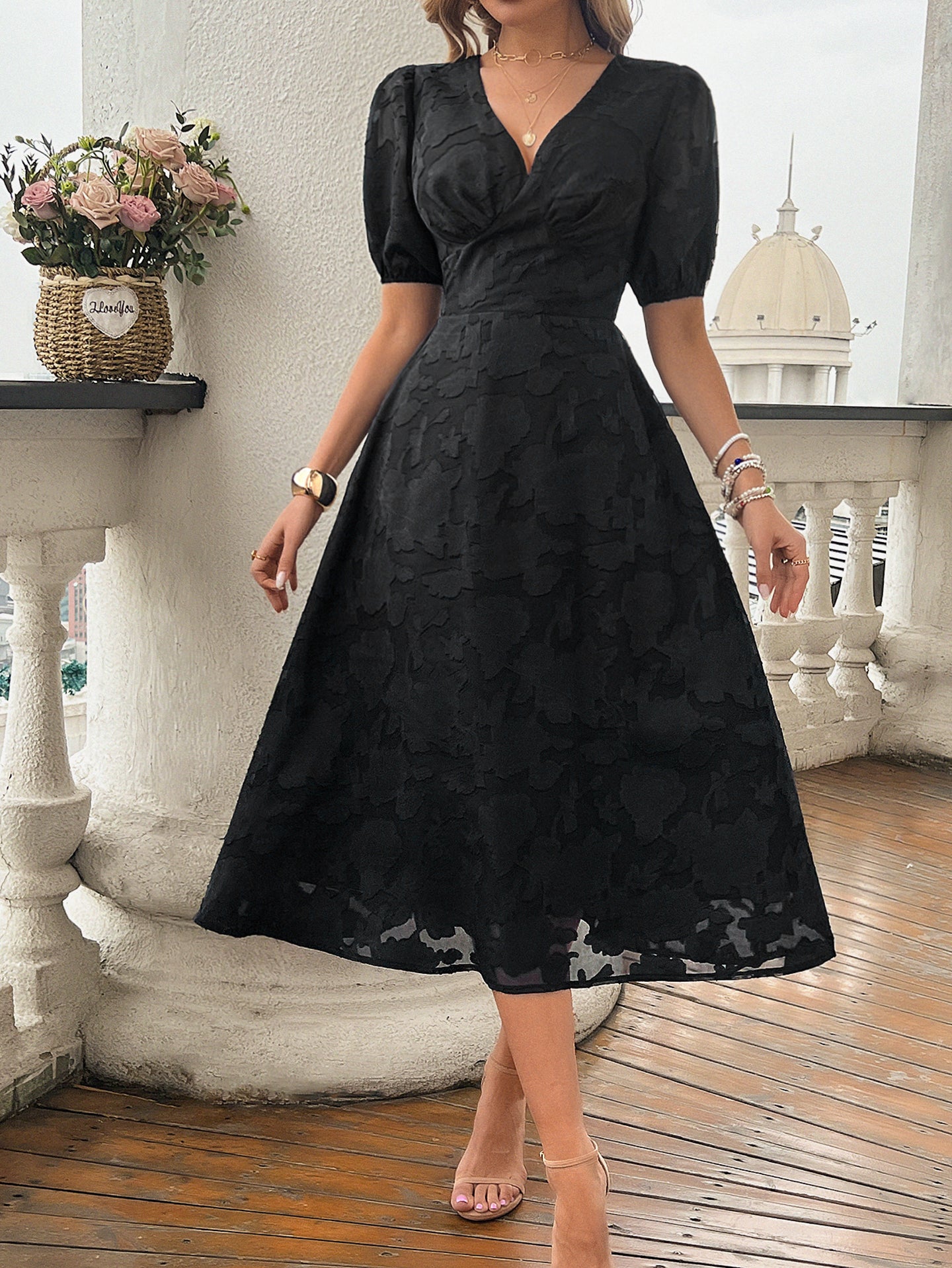 Black Floral Midi Fit & Flare Dress