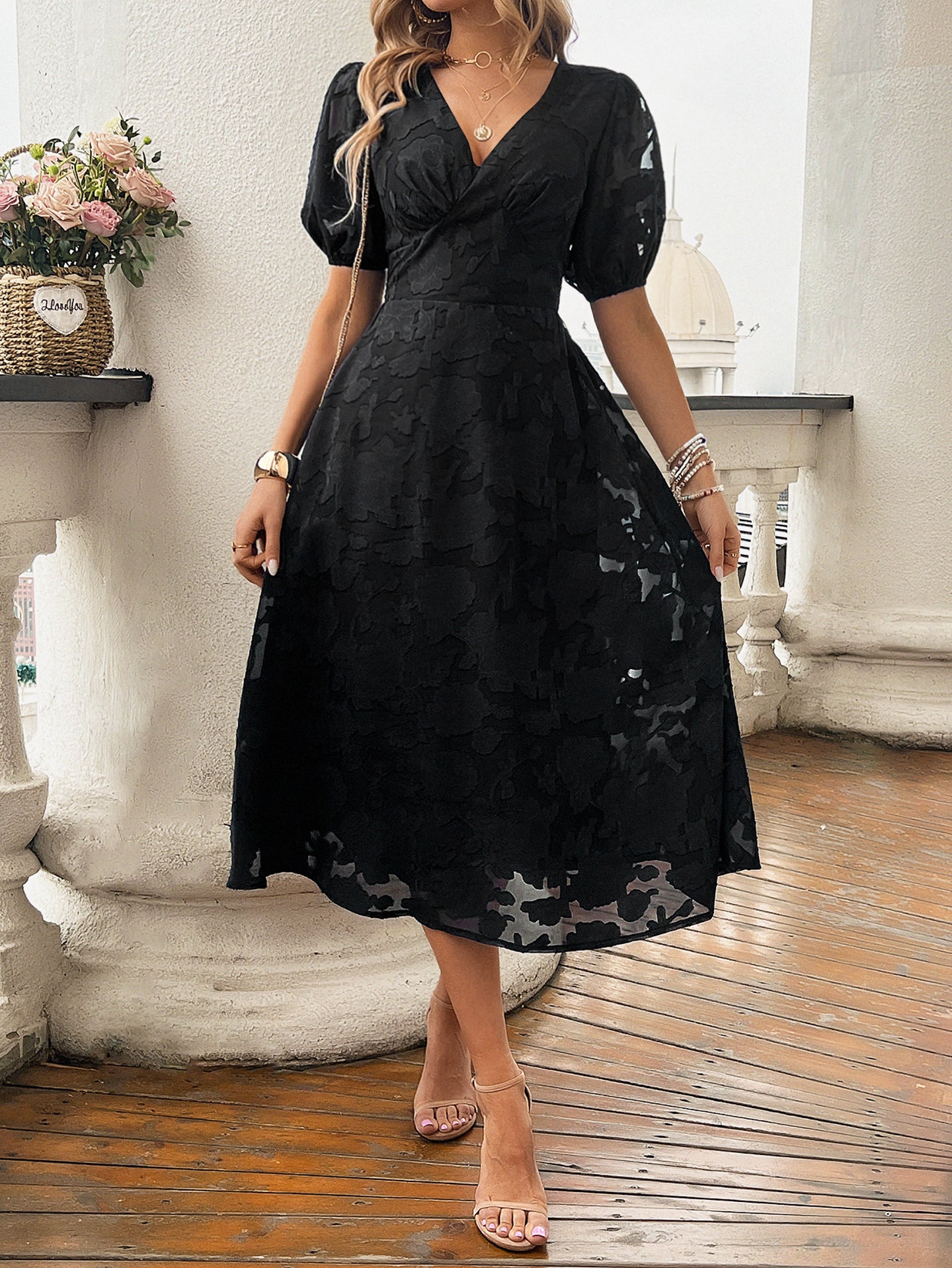 Black Floral Midi Fit & Flare Dress