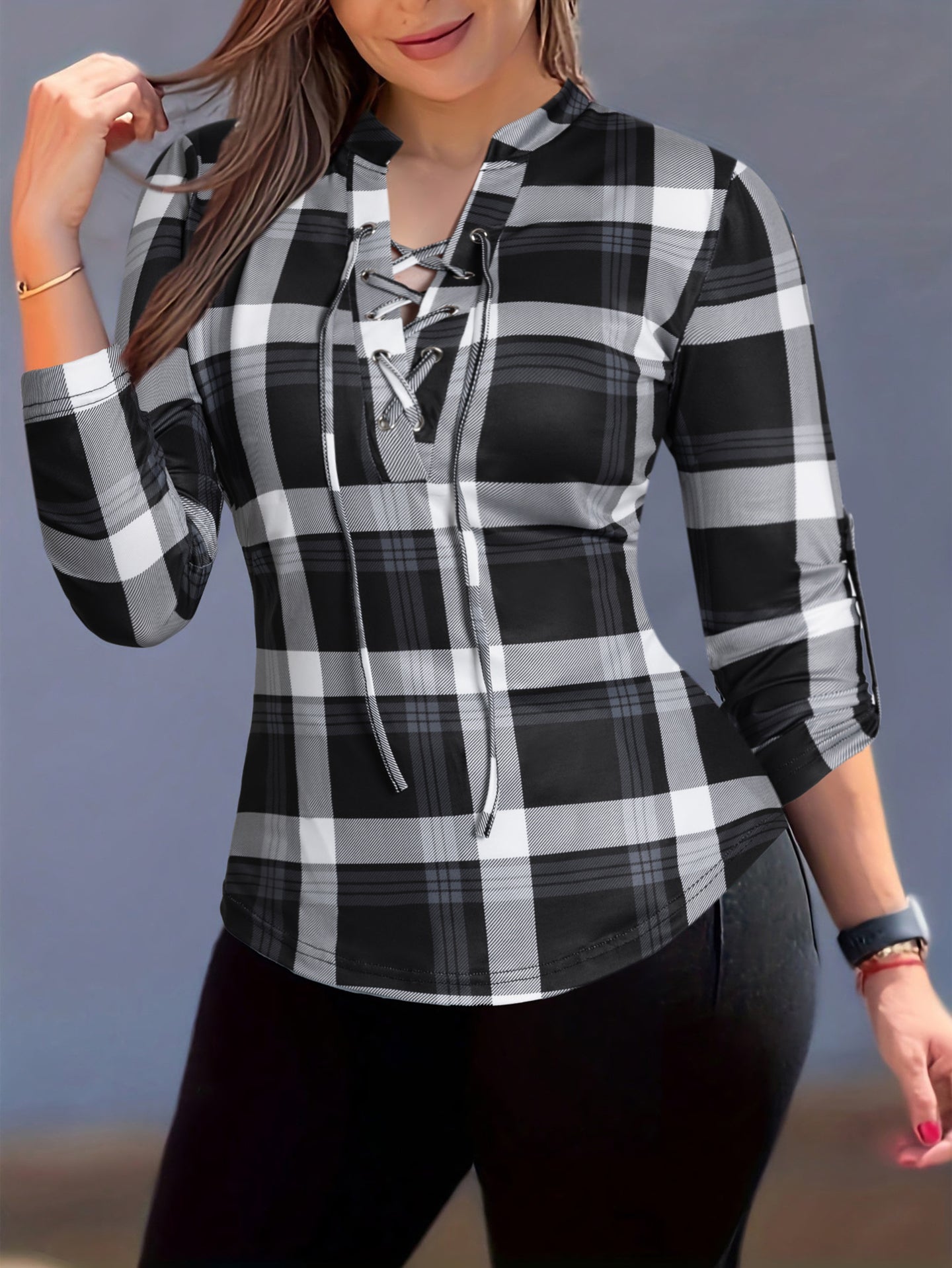 Women Checked Shirt Style Long Sleeves Top