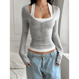 Women Grey Scoop Neck Long Sleeve Top