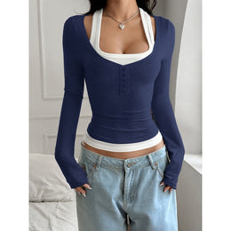 Women Navy Square Neck Long Sleeves Top