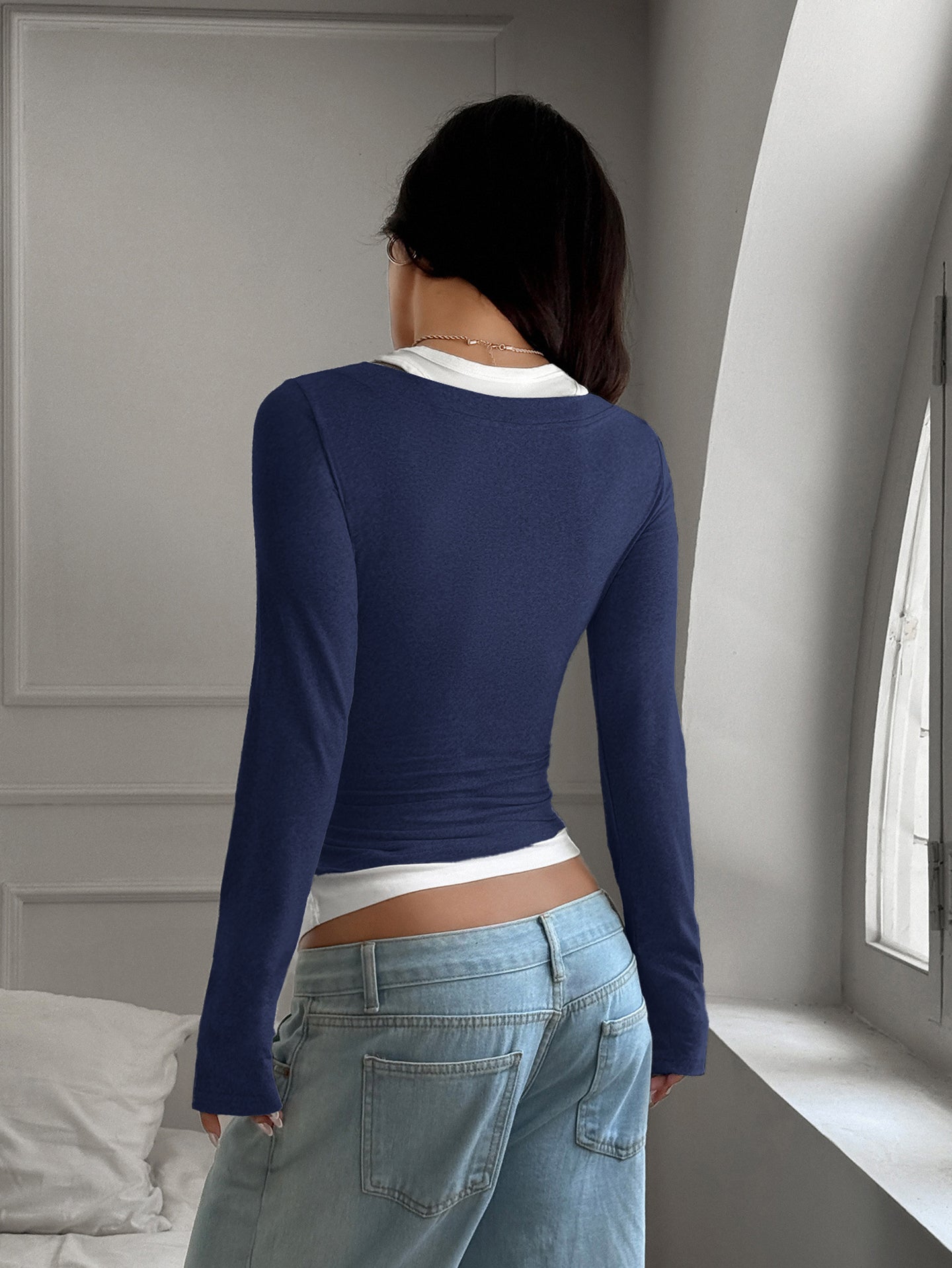 Women Navy Square Neck Long Sleeves Top