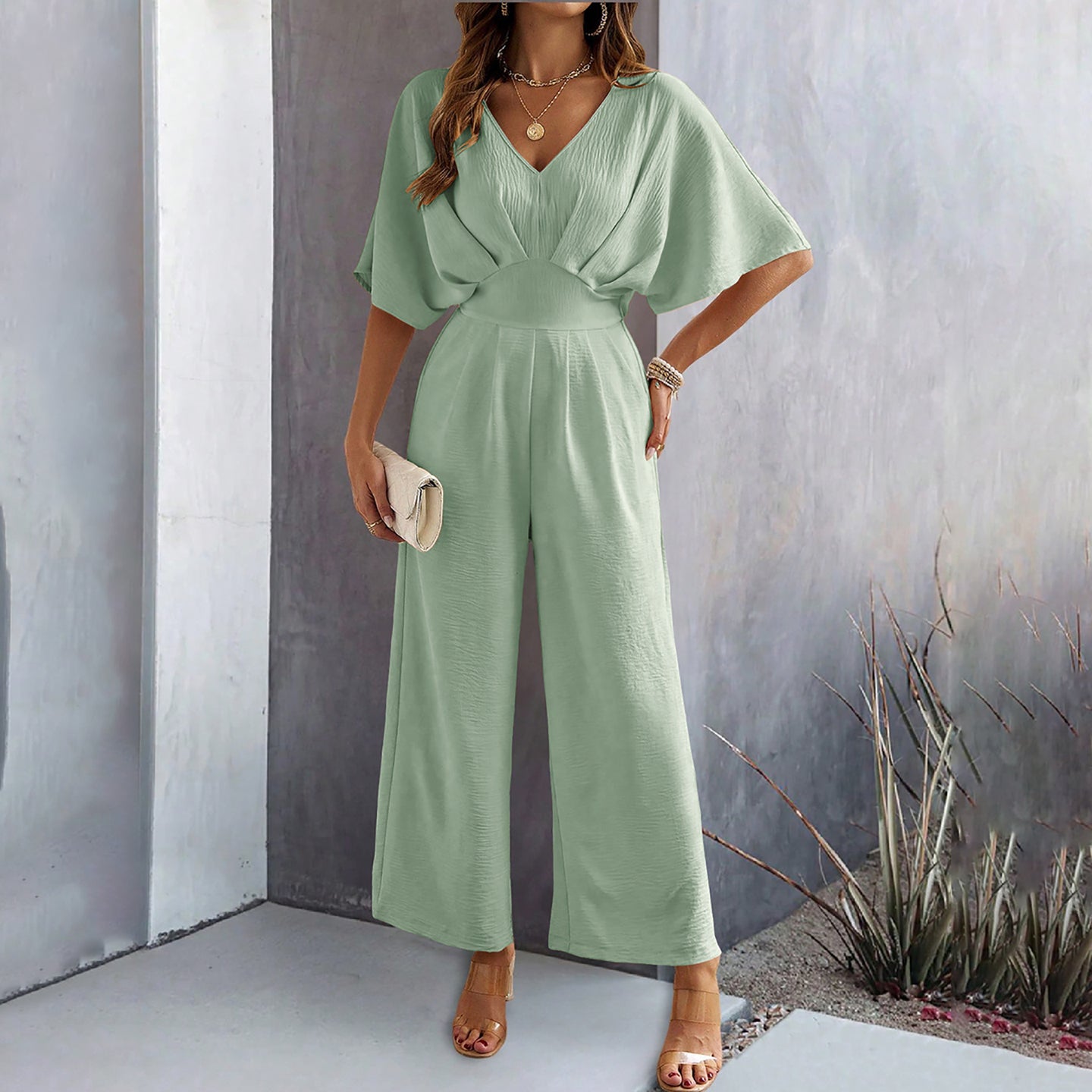 V-Neck Solid Jumpsuit