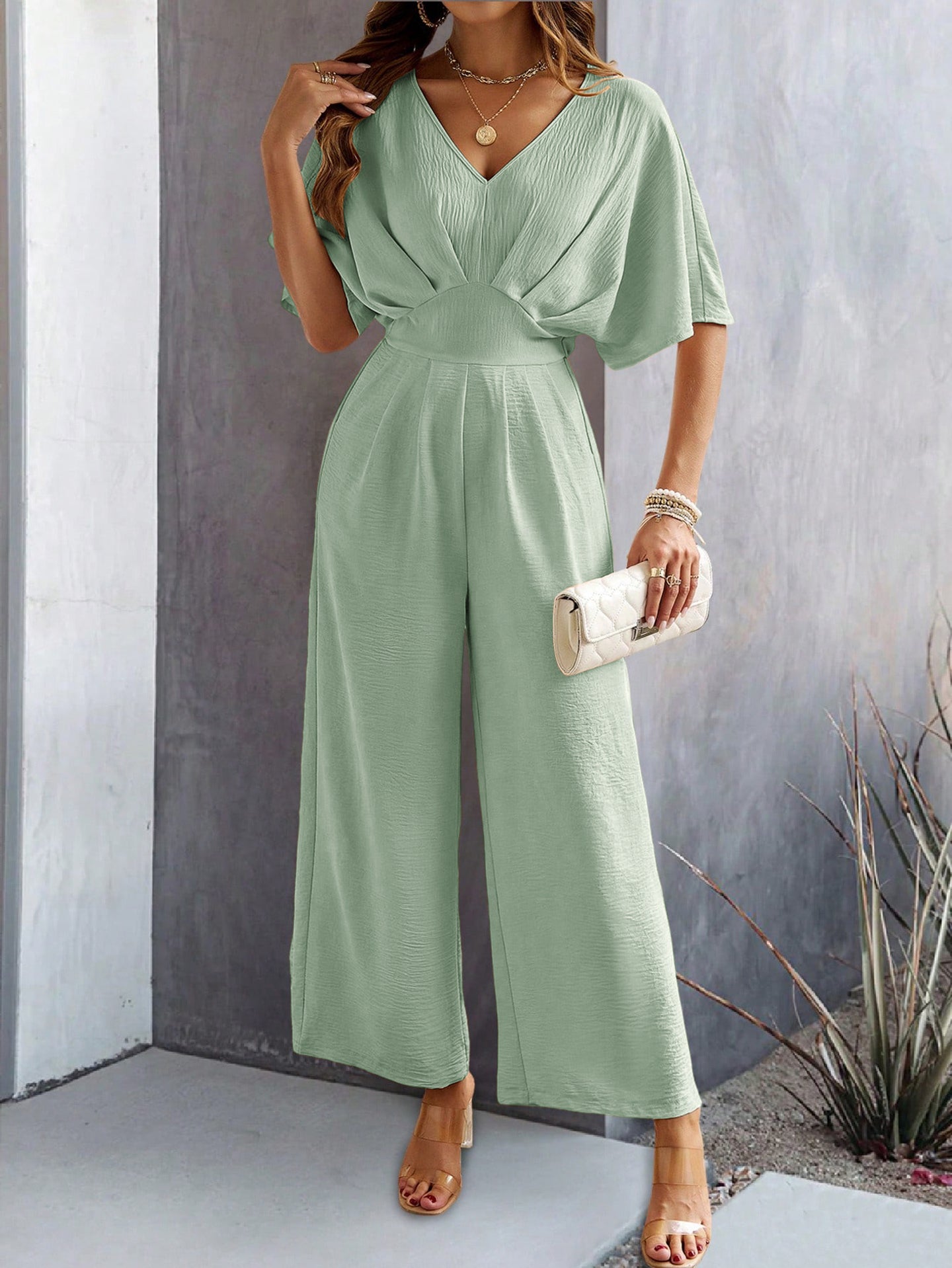 V-Neck Solid Jumpsuit