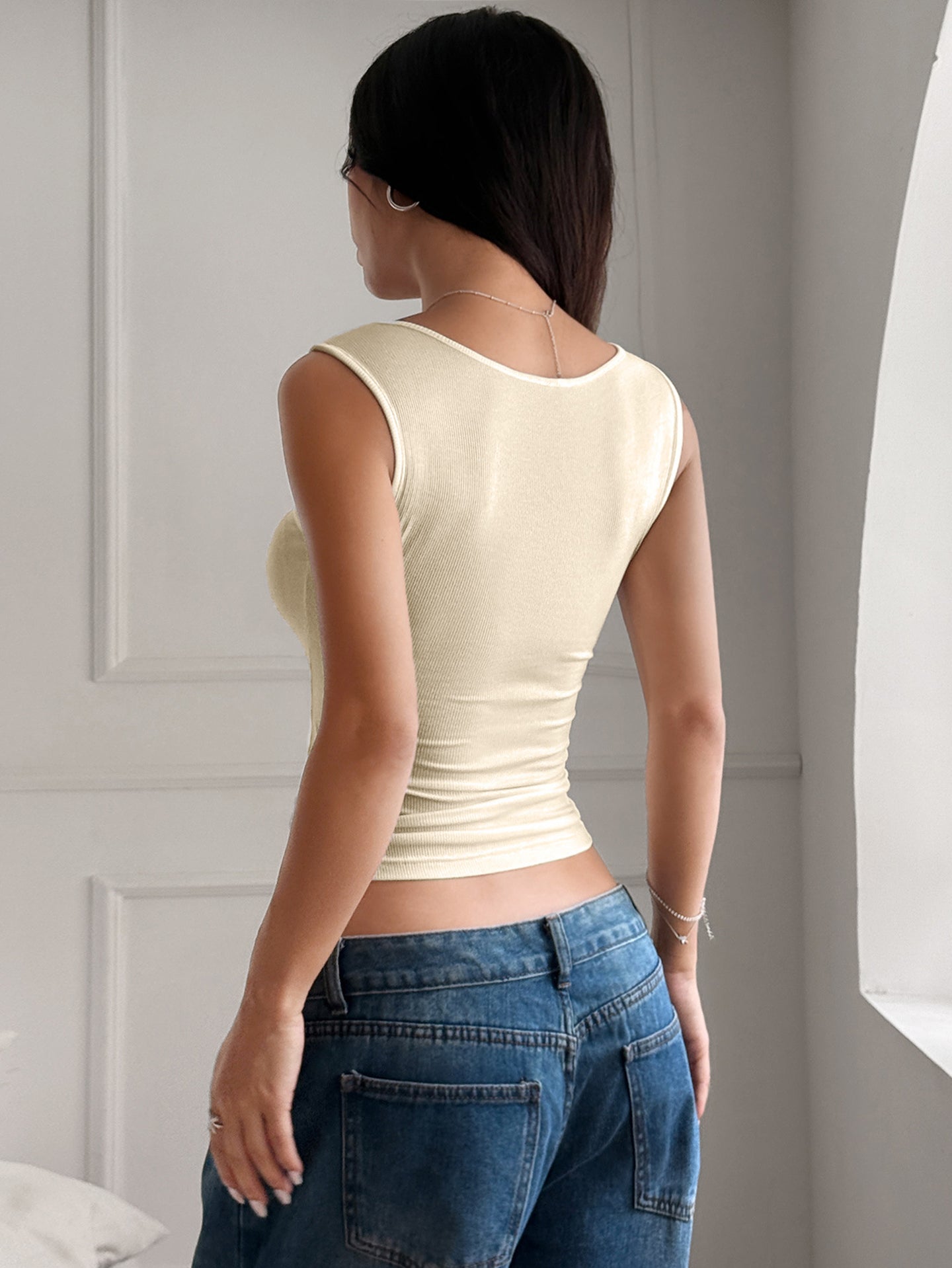 Women Beige Ribbed Square Neck Crop Top