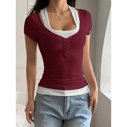 Women Solid Scoop Neck Short Sleeves Regular Top