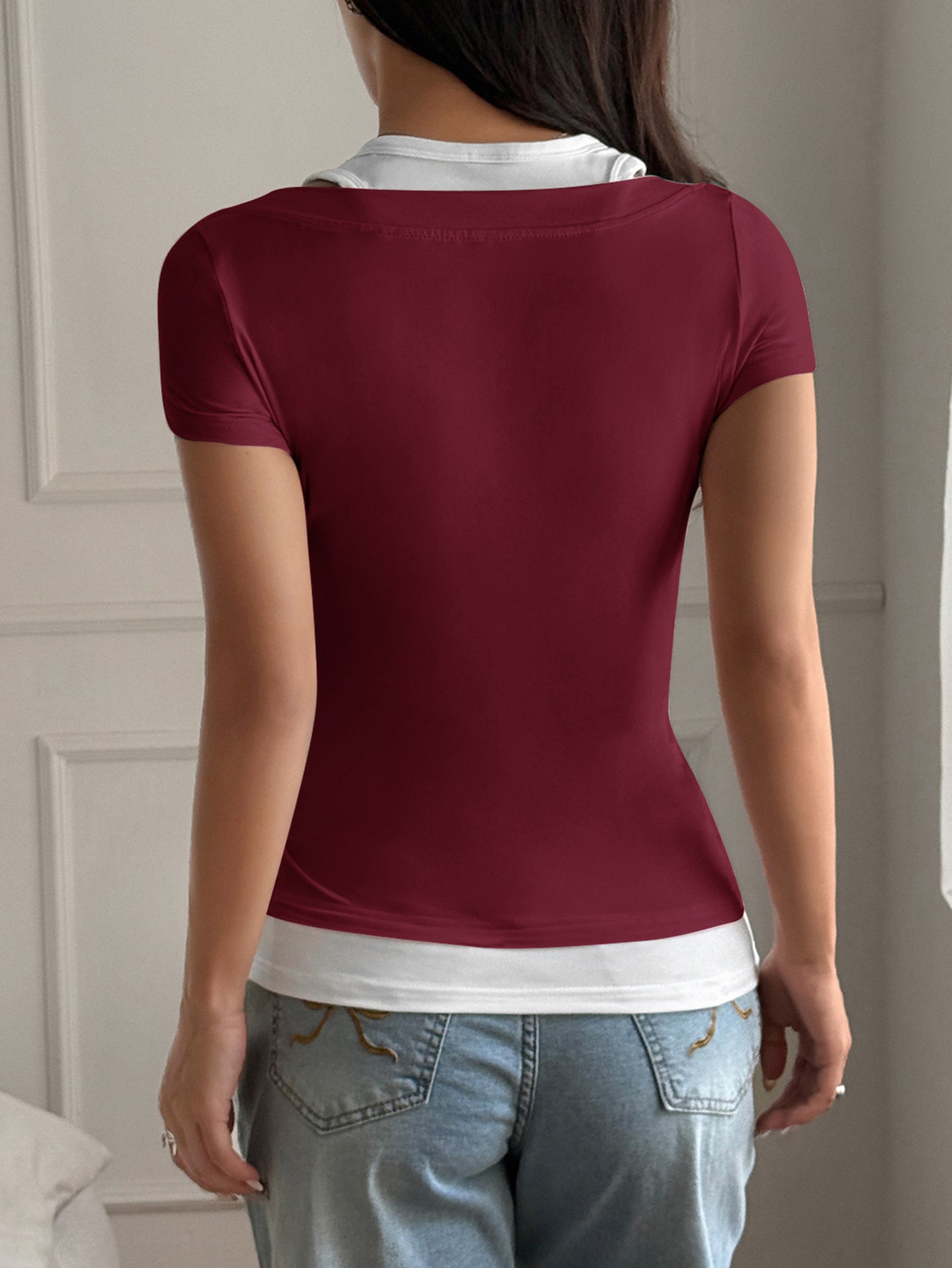 Women Solid Scoop Neck Short Sleeves Regular Top