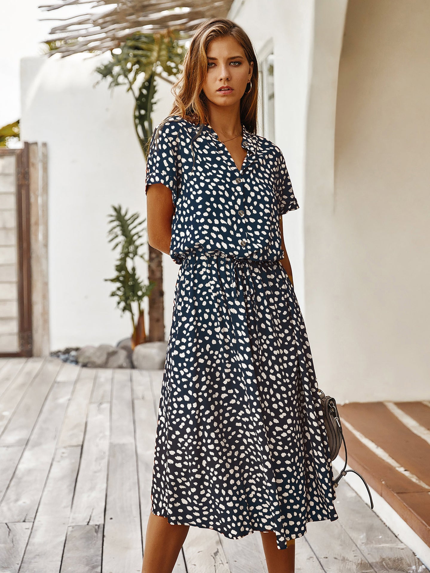 Polka Dot Print Crepe Fit & Flare Dress