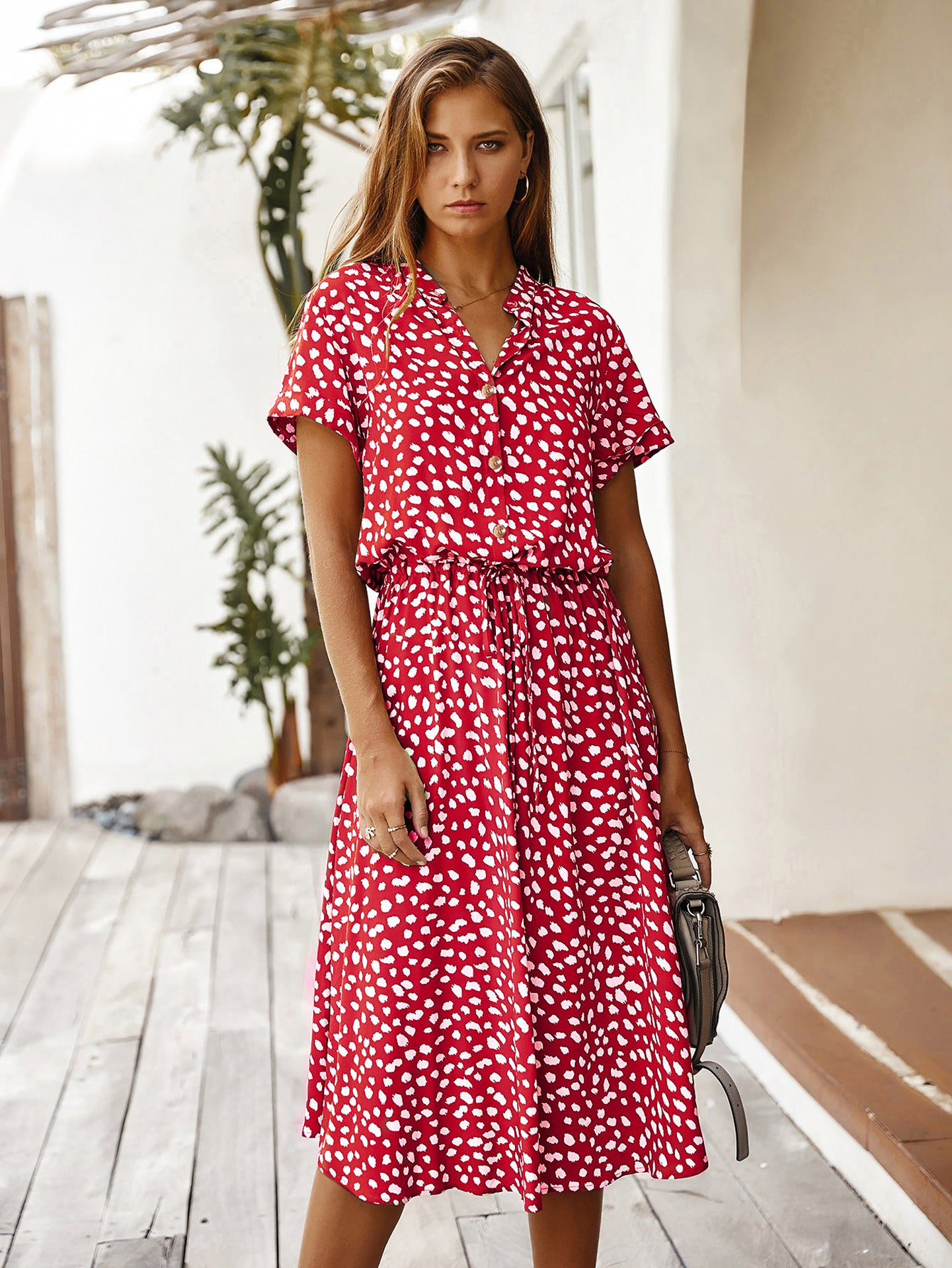 Women Polka Dot Printed Mandarin Collar Fit & Flare Dress