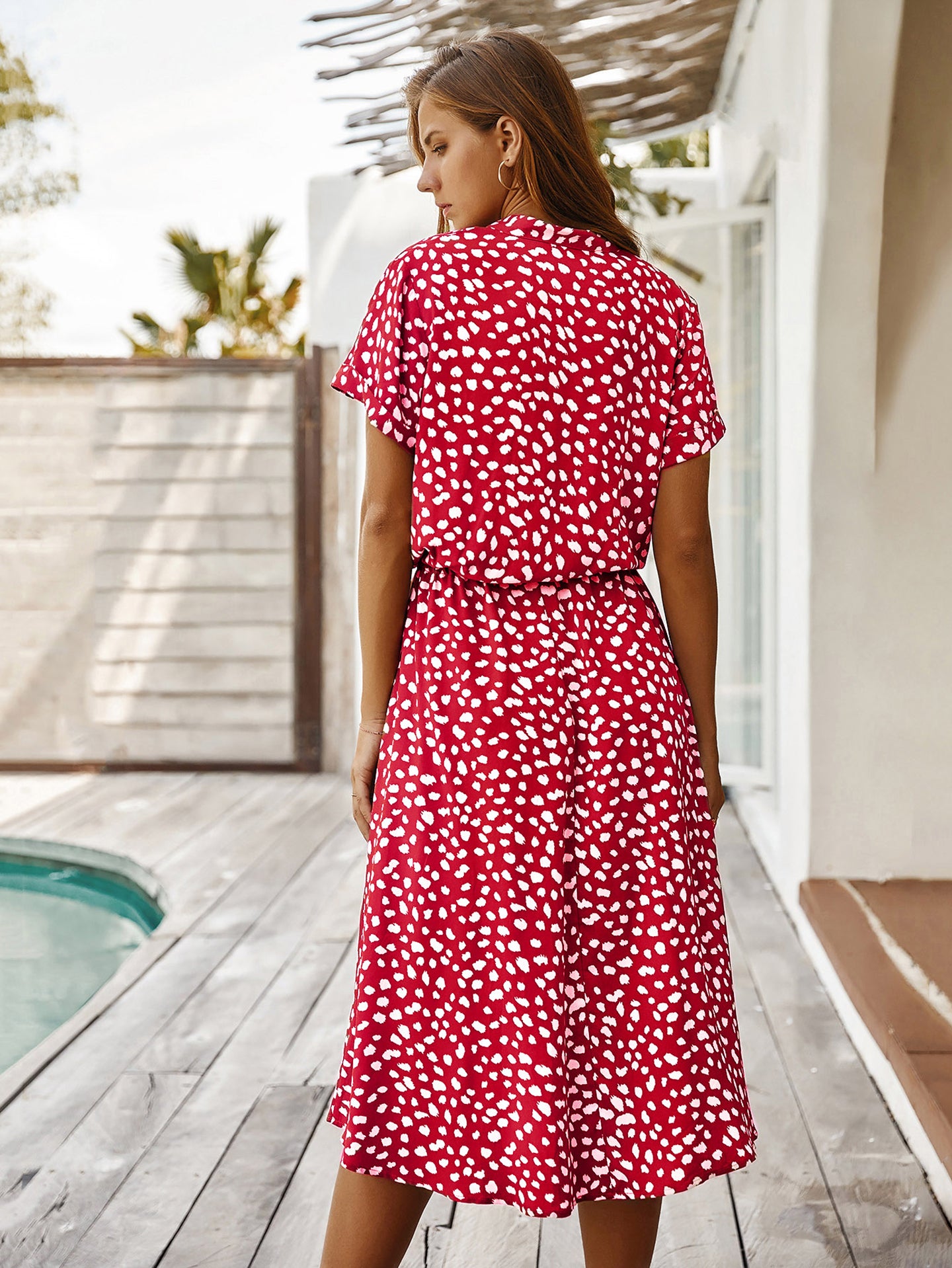 Women Polka Dot Printed Mandarin Collar Fit & Flare Dress