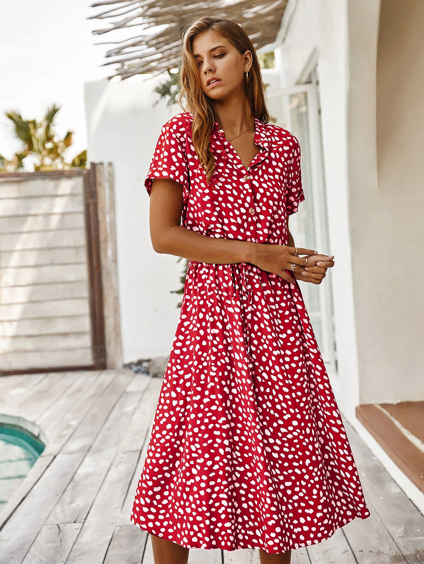 Women Polka Dot Printed Mandarin Collar Fit & Flare Dress
