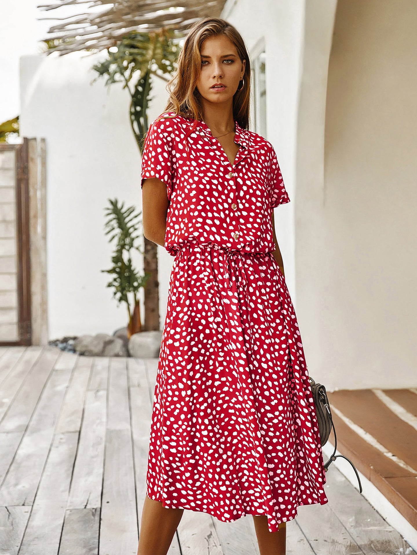 Women Polka Dot Printed Mandarin Collar Fit & Flare Dress
