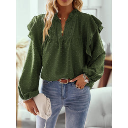 Women Mandarin Collar Bishop Sleeves Ruffles Top