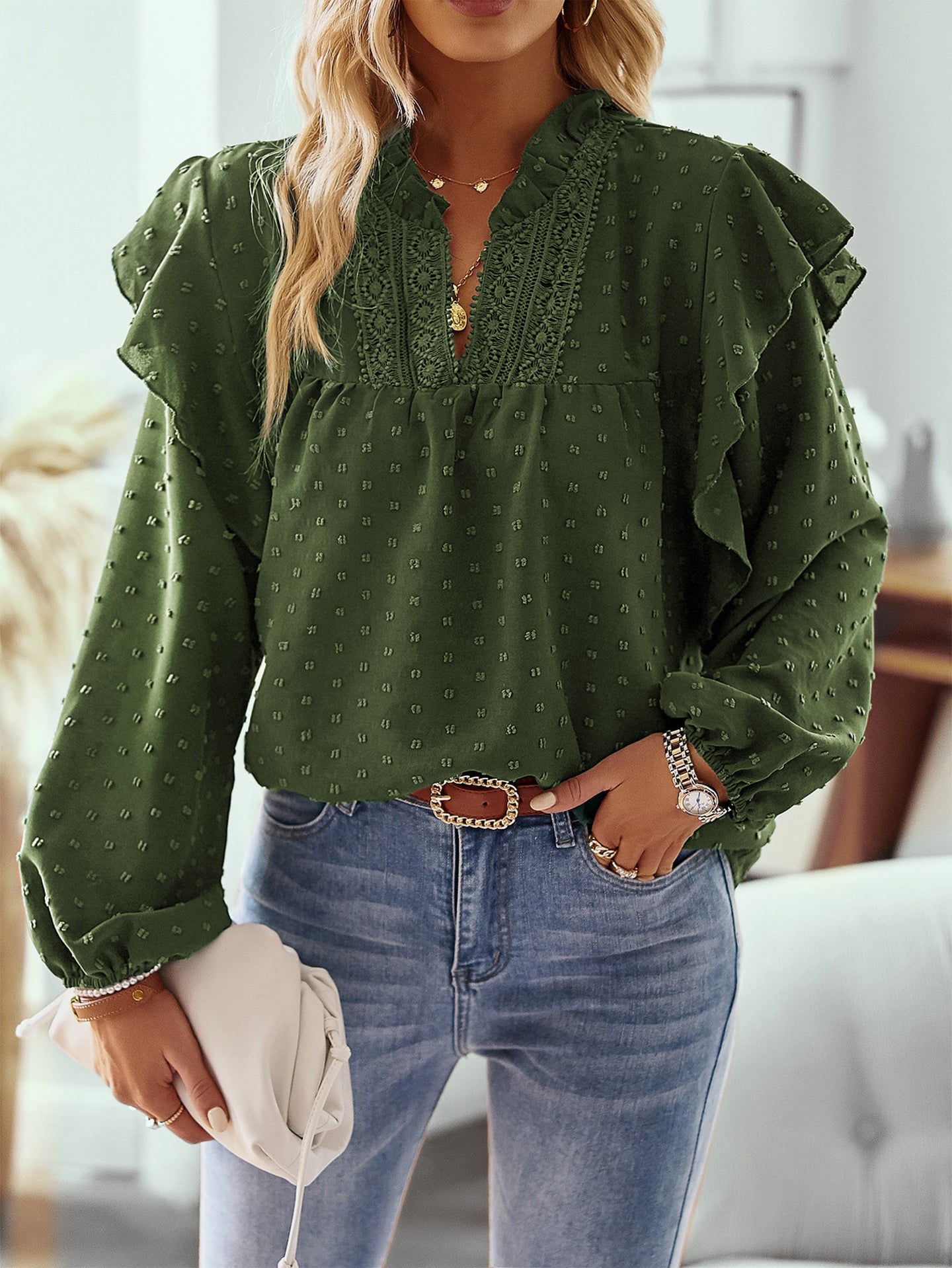 Women Mandarin Collar Bishop Sleeves Ruffles Top