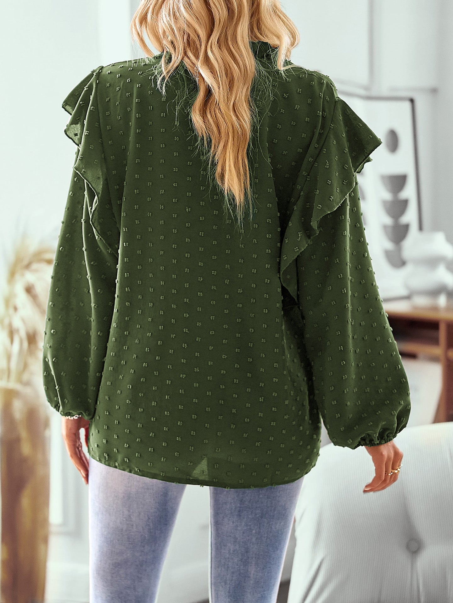 Women Mandarin Collar Bishop Sleeves Ruffles Top