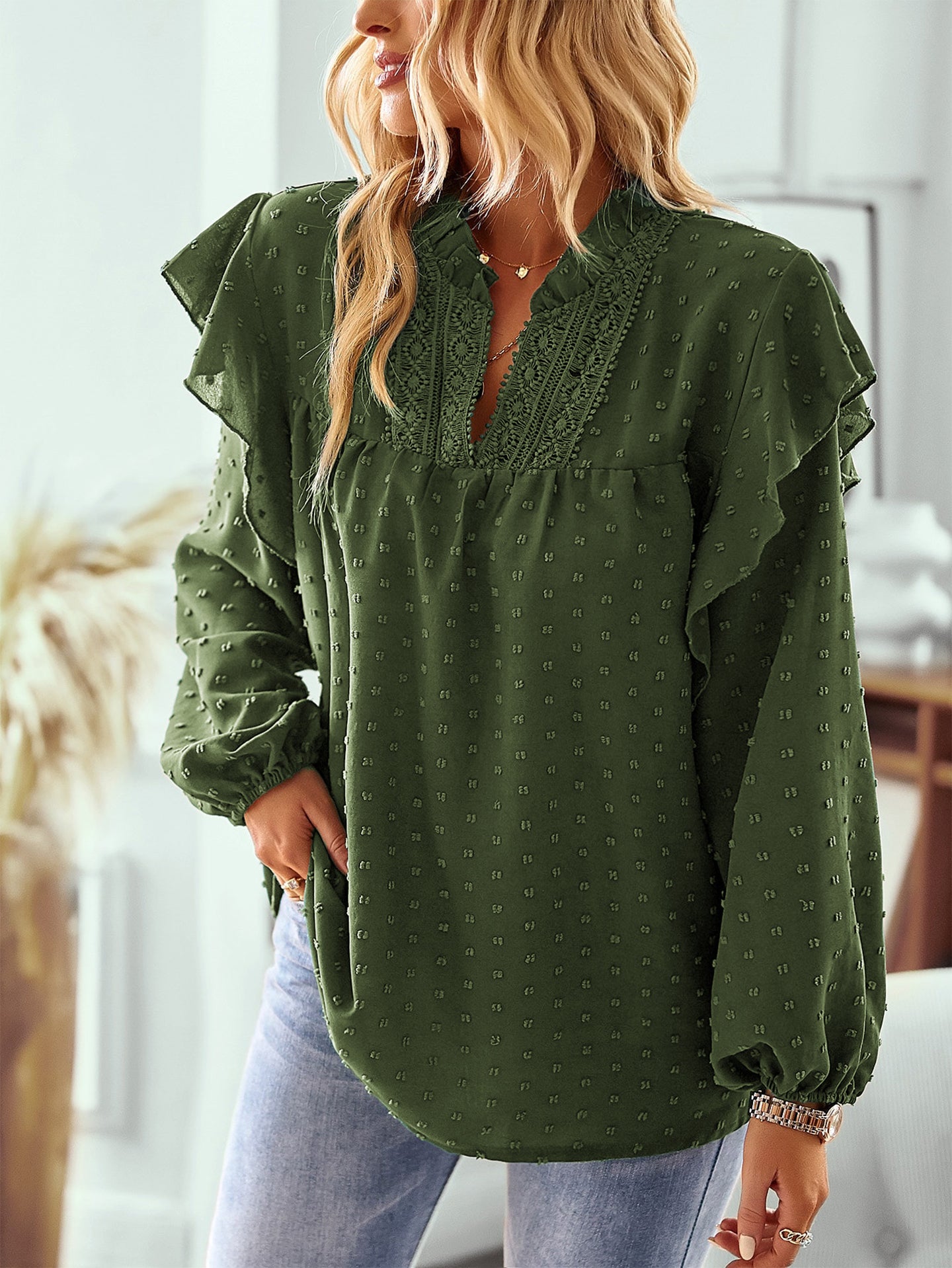 Women Mandarin Collar Bishop Sleeves Ruffles Top