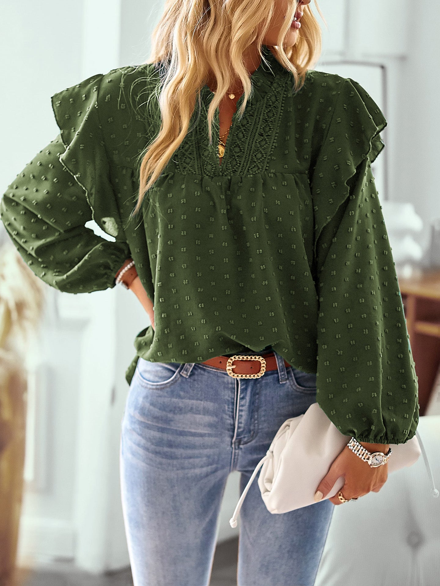 Women Mandarin Collar Bishop Sleeves Ruffles Top