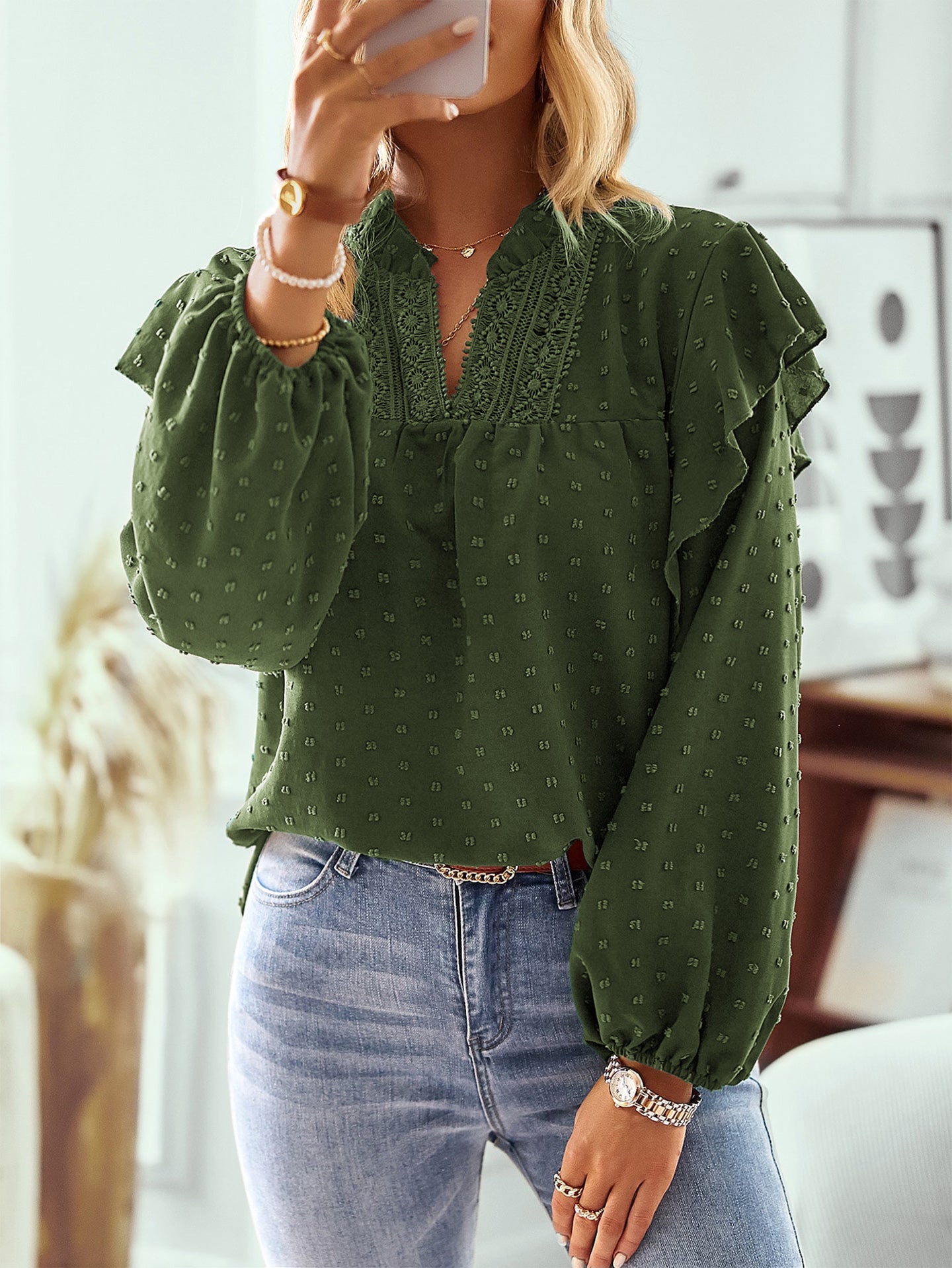 Women Mandarin Collar Bishop Sleeves Ruffles Top