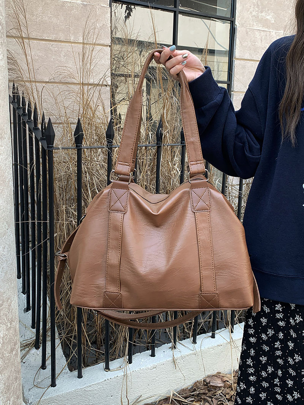 Brown Solid Two Handles Shoulder Bag