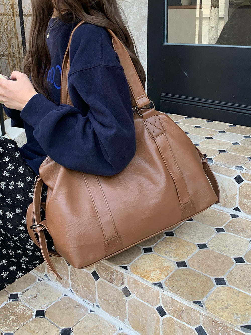 Brown Solid Two Handles Shoulder Bag