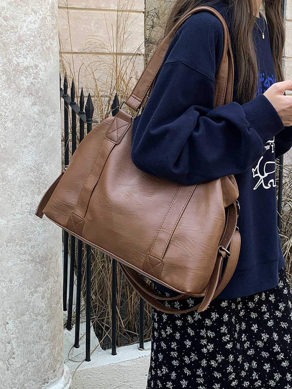 Brown Solid Two Handles Shoulder Bag